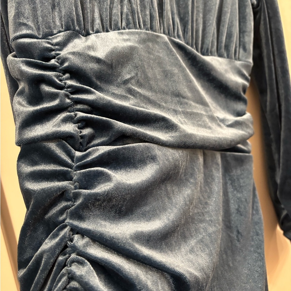 Elegant Sleek Simple Blue Velvet Turtleneck Dress - Picture 6 of 7